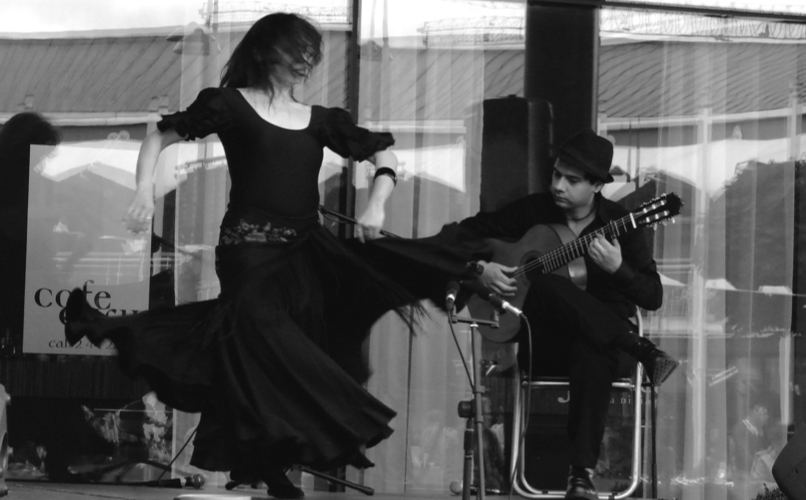 Flamenco dancer and guitarist performing in front of a window.