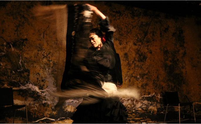 Flamenco dancer with a manton (shawl) in motion against a textured stone background.