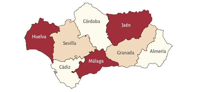 Map of Andalucia divided into provinces